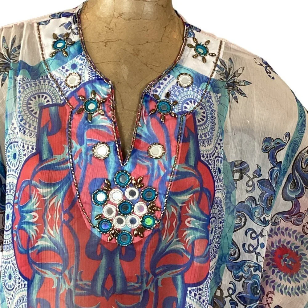 Kristals Poncho Kimono Kaftan Beach‎ Cover-up Beaded Top Sz L #253H